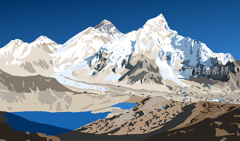 从Kala Patthar峰看到的尼泊尔一侧的珠穆朗玛峰和努普兹，矢量插图